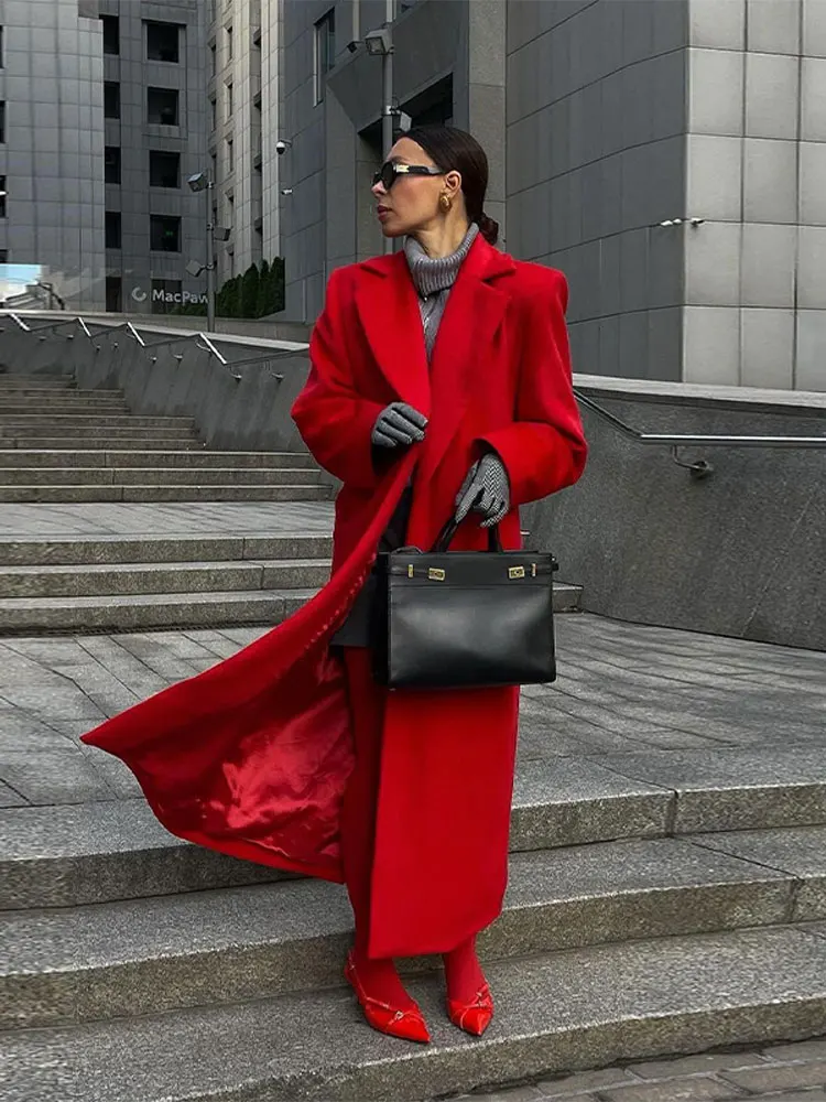 2024 New Red Lapel Woolen Overcoat Women Fashion Long Sleeves Button Casual Office Long Jacket Autumn Lady High Street Outerwear