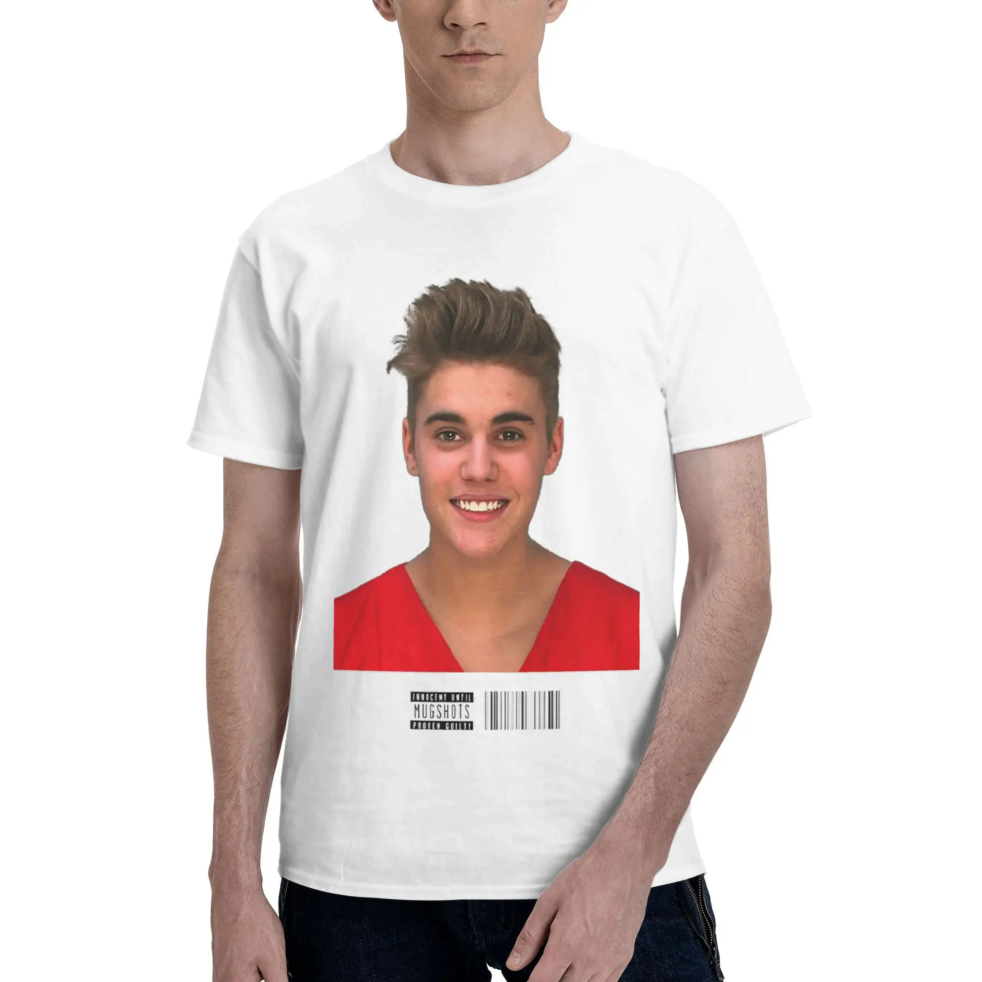 Justins BIEBERS Mugshot  T Shirt  Harajuku T Shirts Short Sleeve Vintage Tops Beach Pure Cotton Breathable Plus Size Tees