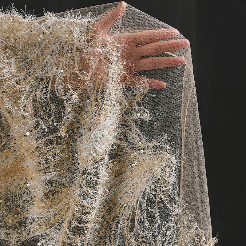 

50*125cm Sequin Fluffy Feather Embroidery Tulle Fabric Fringe Sequin Sheer Yarn Designer Fabric For Wedding Evening Dresses