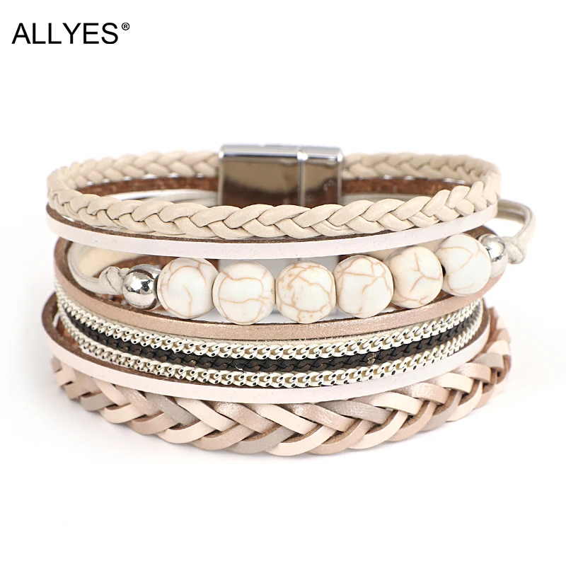 ALLYES Vintage Men Leather Bracelets Multilayer Braid Stone Beaded Bangles Crystal Chain Wrap Bracelets for Women Boho Jewelry