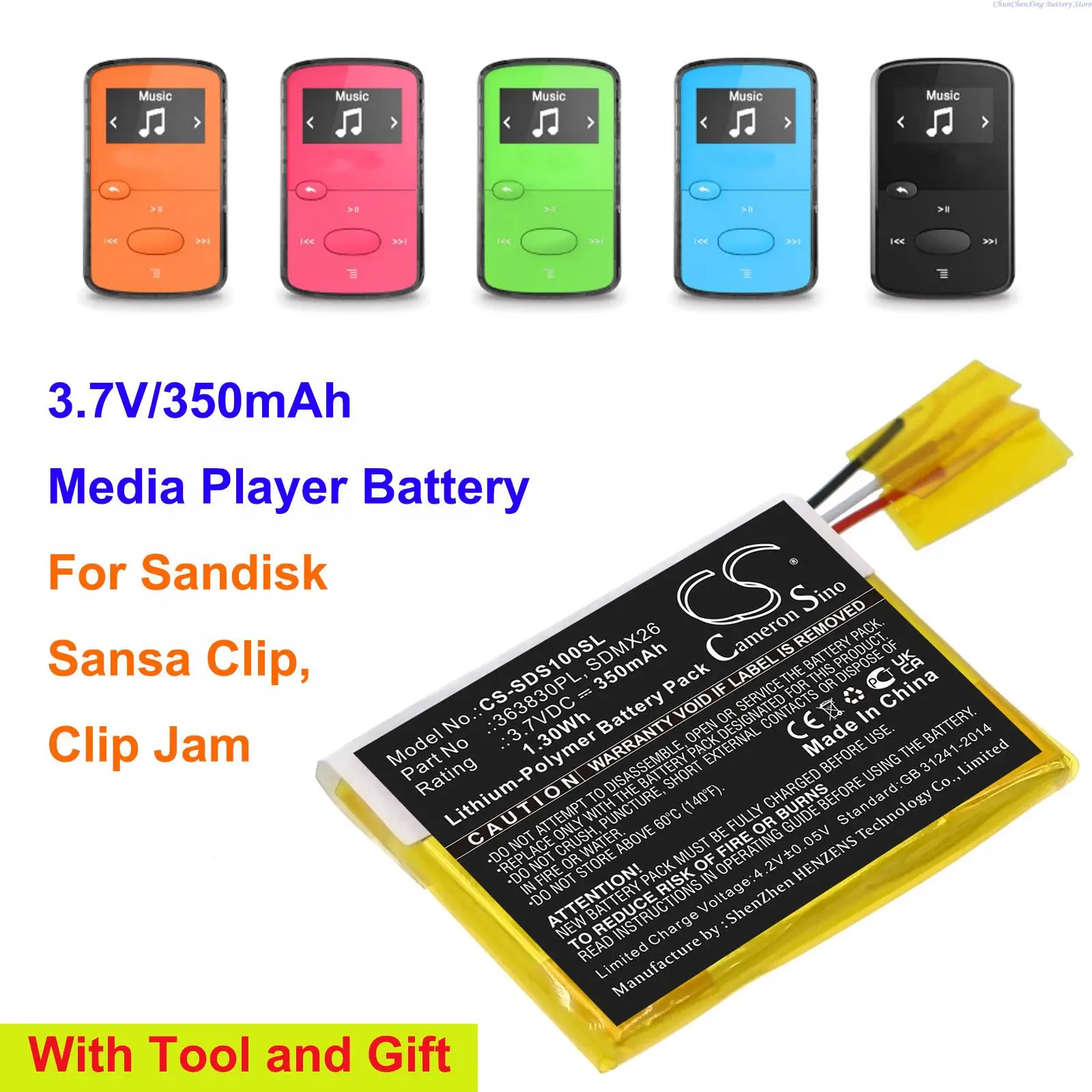  350mAh Media Player Battery 363830PL, SDMX26 for Sandisk Sansa Clip, Clip Jam