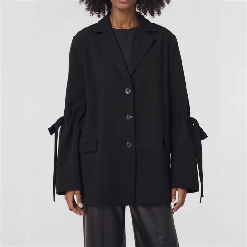 

Women's Black Blazer Top with Bell Sleeves Bow Tie Cuffs Elegant Lapel Casual Jacket Drawstring Waist Loose Fit Office Outerwear