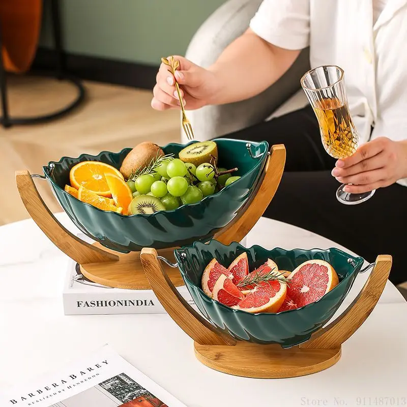 1pc Nordic Style Creative Creative Bamboo Wood Frame Ceramic Fruit Dried Fruit Dim Sum Plate Household Living Room Catering Bowl