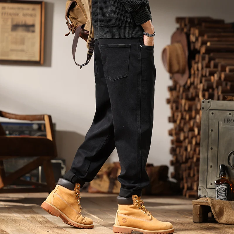 2024 winter pended and thickened warm leisure jean hommes Korean Slim small straight feet elastic pants men