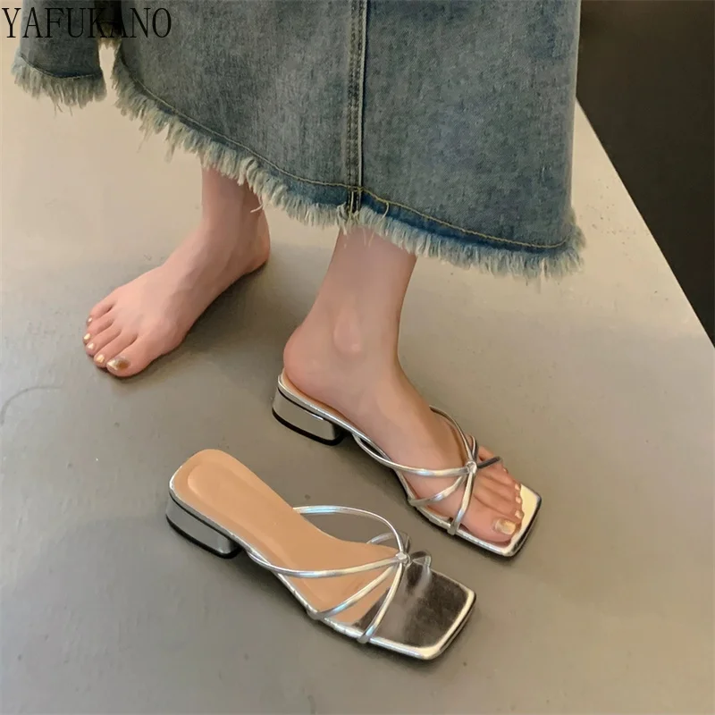 Knot Detail Open Toe Gladiator Sandals Luxury Women Slippers Fashion Narrow Band Chunky Heel Shoes Ladies Party Dress Sandalias