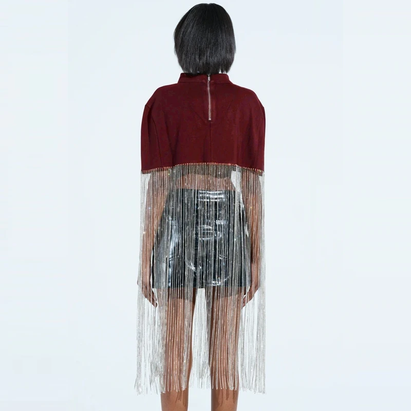 Women's Casual Shining Solid Color Loose Tee Fashion Stand Collar Cape Pullover Tops Elegant Tassels Splicing Club Party Blouse