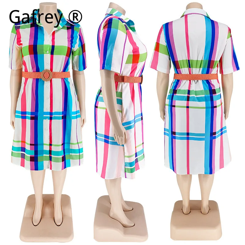 

Новинка! Весеннее клетчатое платье-рубашка больших размеров с коротким рукавом, повседневное, свободного кроя, на пуговицах, с карманами, туника, на каждый день, 2026