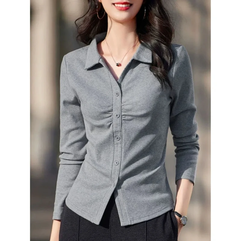 

POLO Collar Long-sleeved T-shirt for Women's Lapel Button Pleated Design Versatile Base Shirt Top ZT98
