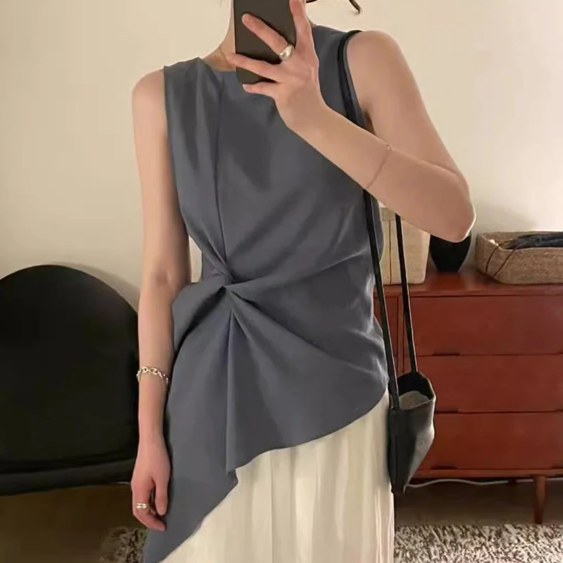 

Korejpaa Elegant Twisted Sleeveless Vest Shirt Women Summer New Korean Style Vintage Clothes Irregular Slim Waist Ladies Tops