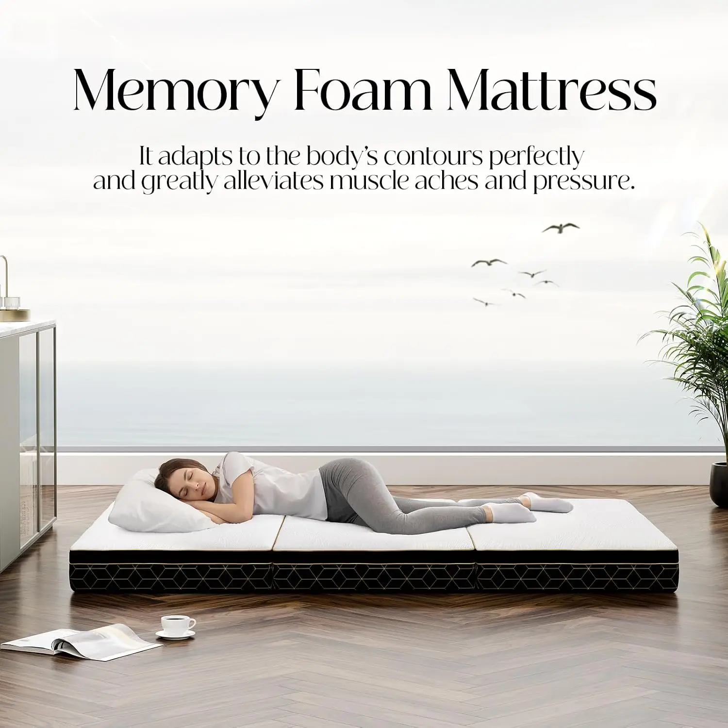 6Inch Tri-Fold Mattress Sofa Bed Memory Foam Floor Handle Non-Slip Portable Travel RV Camping Yoga 75