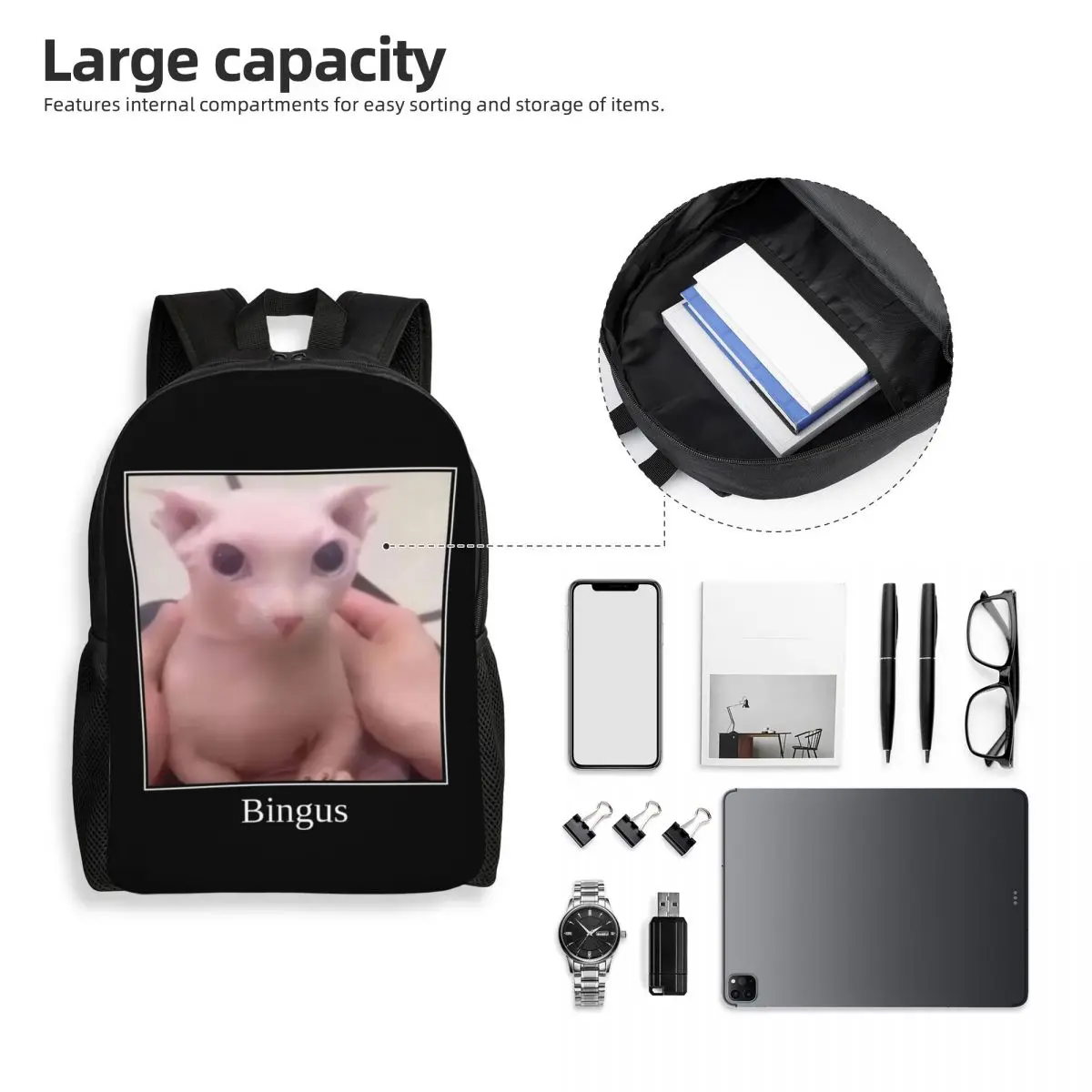 Mochila de texto personalizada Bingus para mulheres e homens, mochila casual para escola, faculdade, sphynx, gato Meme sacos