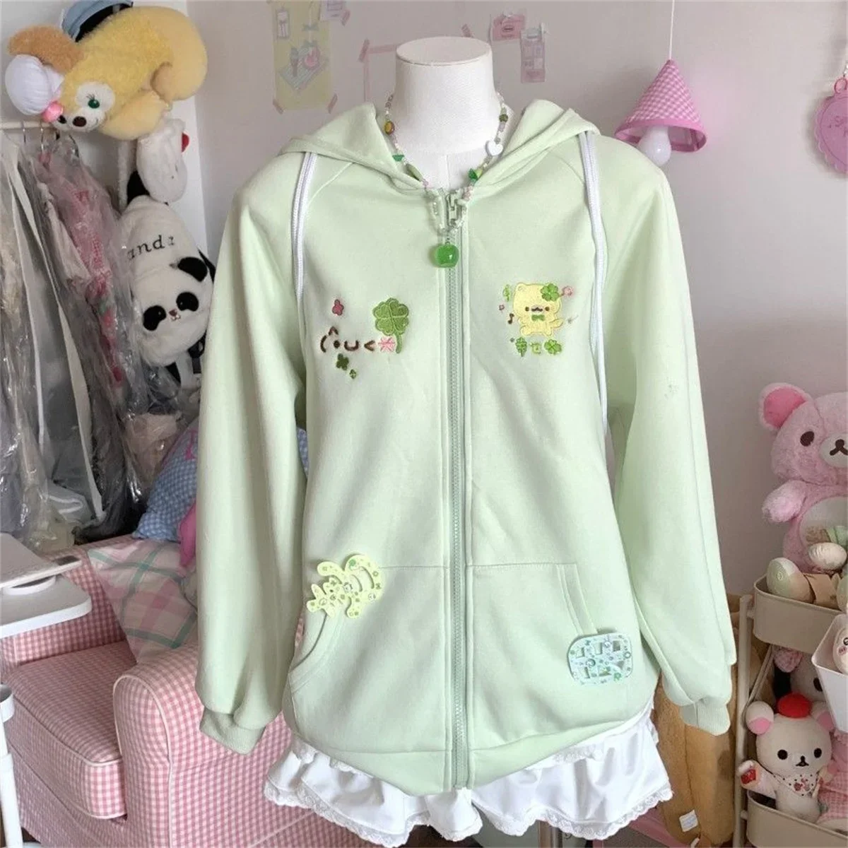 Women Clothing Anime Zip-up Hoodie Jackets Cat Embroidery Cute Outerwear Hooded Casual Fashion Sweatshirts Japanese Cute Tops
