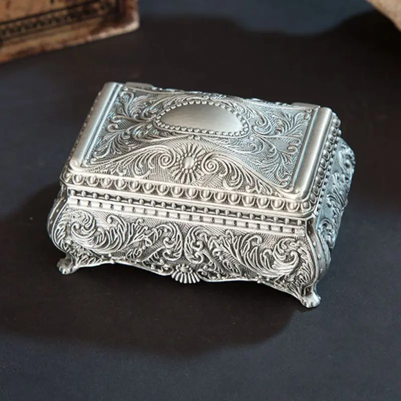 Vintage Jewelry Trinket Box Rectangle Box Metallic Floral Engraved Earring Ring Zinc-alloy Box Gift Storage Small Holder