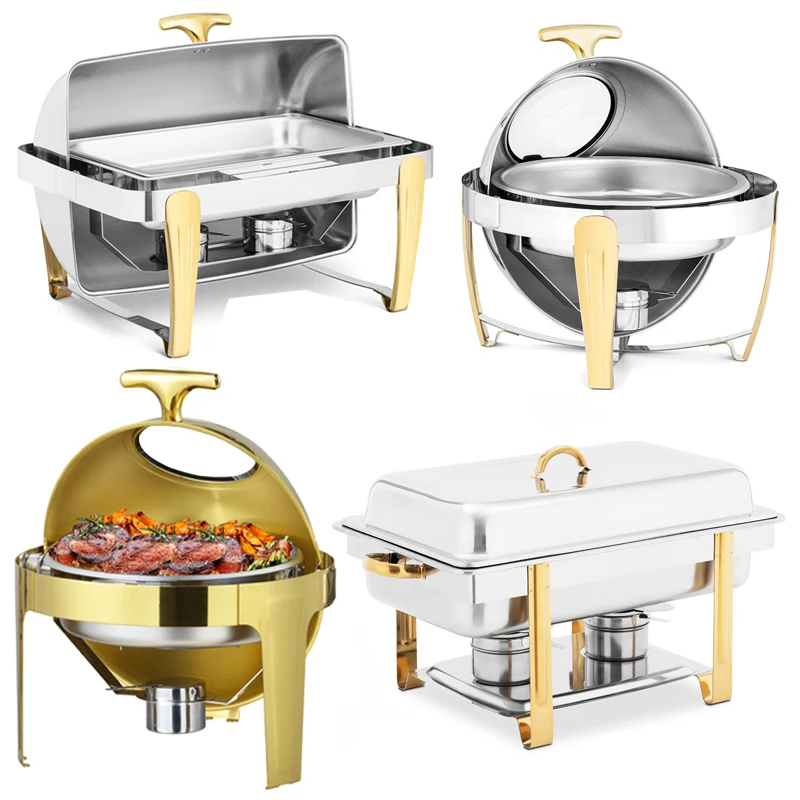 Cheap Kitchen Equipment Stainless Steel Hot Pot Roll Top Gold Chafing Dish Buffet