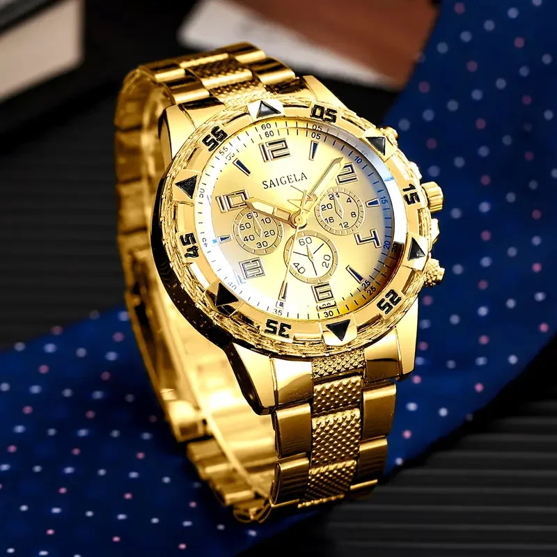 비즈니스맨의 스틸 팔찌 쿼츠 시계와 쿠바 풀 다이아몬드 목걸이 팔찌 세트 - 그를 위한 최고의 생일 선물