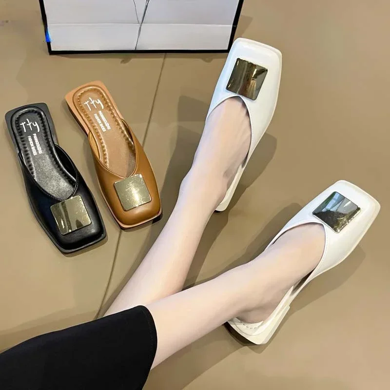 Women\'s Slippers Fashion Metal Buckle Mules for women Flat Heels Square Toe Shallow Shoes Outdoor Slides Female Casual Sandals