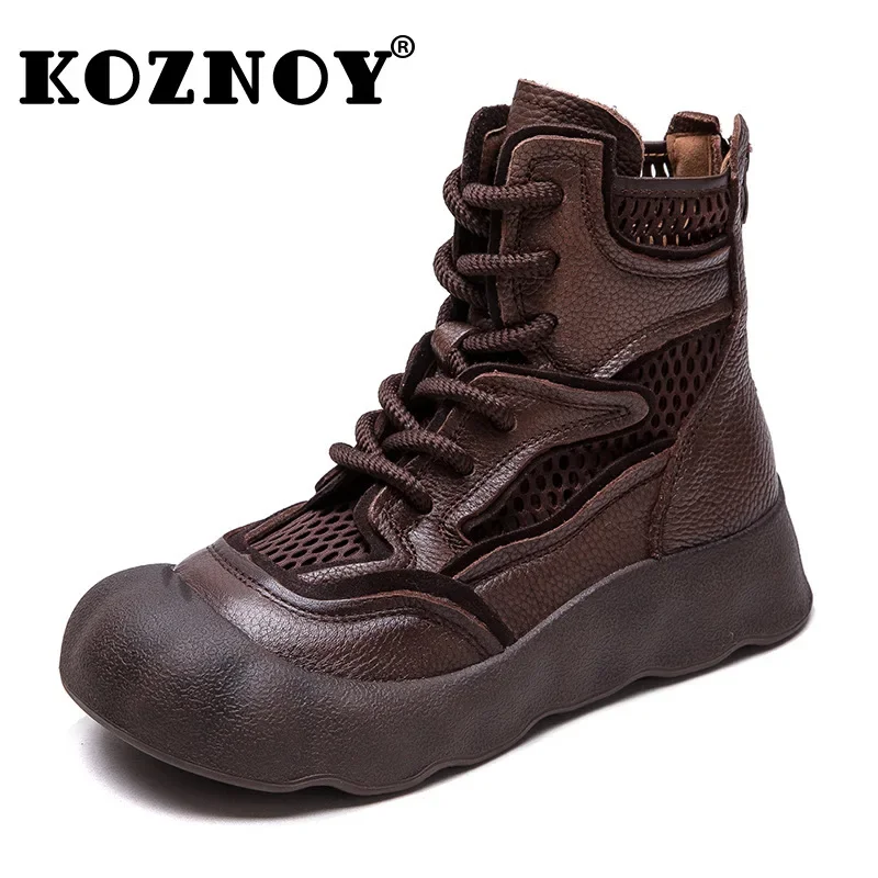 

Koznoy 4cm Air Mesh Ethnic Genuine Leather Round Toe Ankle Booties Women Platform Wedge Breathable Zip Summer Fashion Shoes