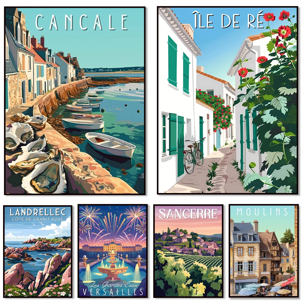 Burdeos, Mills, Lobster - Biarritz, Sancerre, Versalles, Mont Saint Michel Bay, Auvergne Road, Cancale, cartel de viaje de Arbois