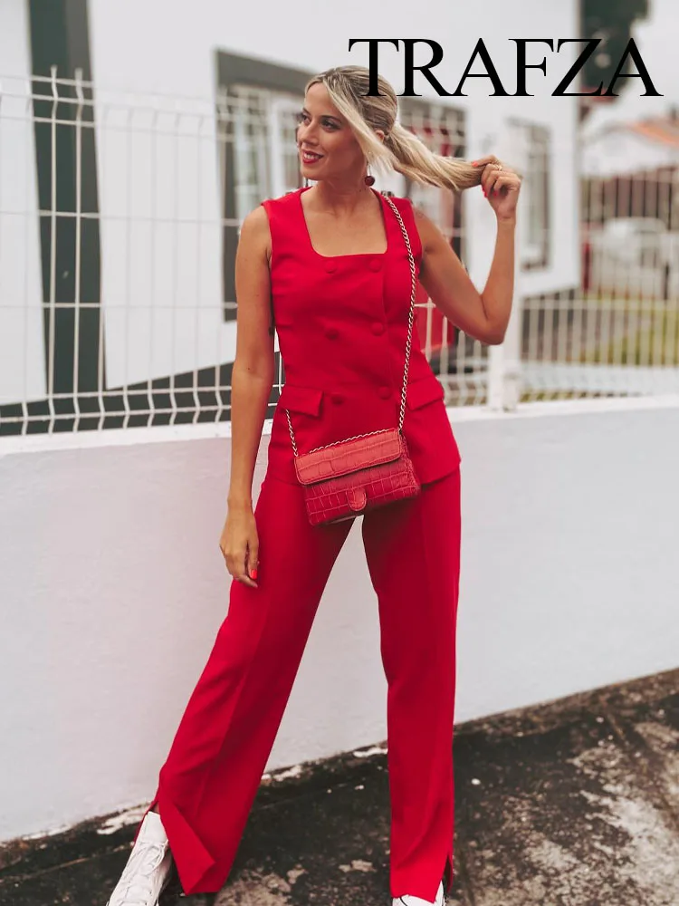 TRAFZA Summer Fashion Women Suits Red Square Neck Sleeveless Pockets Double Breasted Waistcoat Top+Mid-Waist Slit Stralght Pants