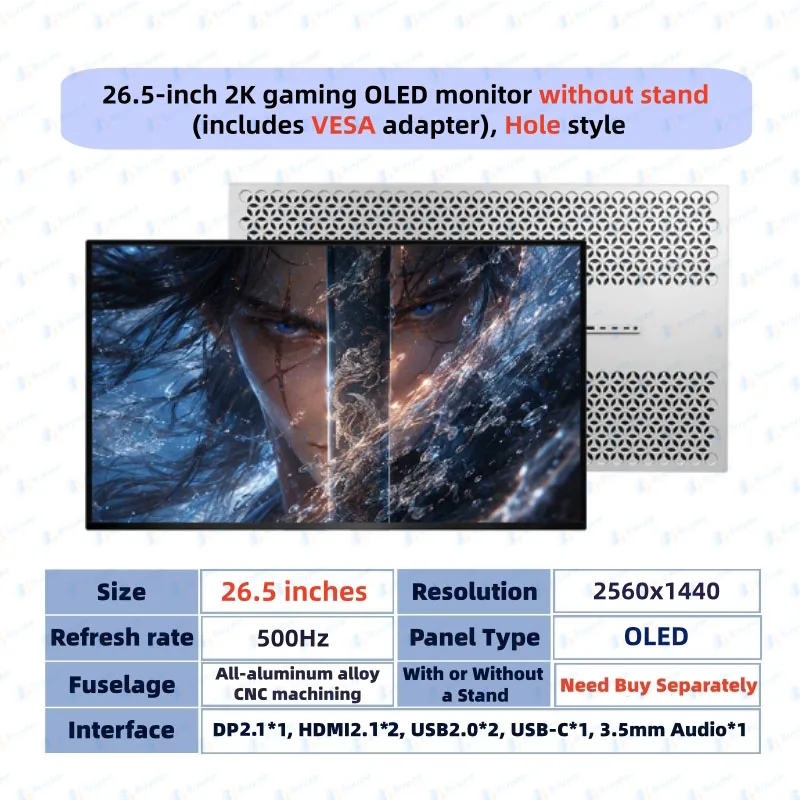 26.5' K500 LED Monitor 2K 500Hz 2560x1440 HDMI2.1 DP2.1 USB-C 100W For Mac Gaming Monitor QD-OLED Screen GLOSSY Panel