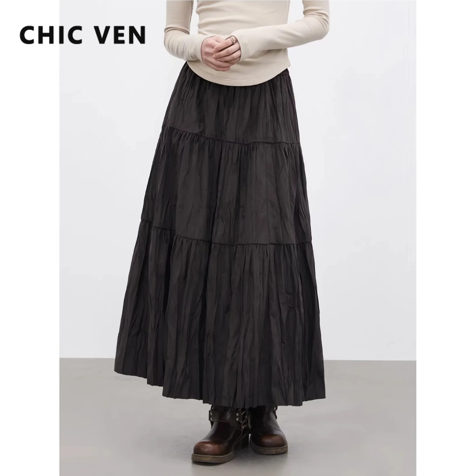 CHIC VEN Korean Women Long Skirt Loose Casual Elastic Waisted Velvet Pleated A-line Large Hem Ladies Skirt Spring Autumn 2026