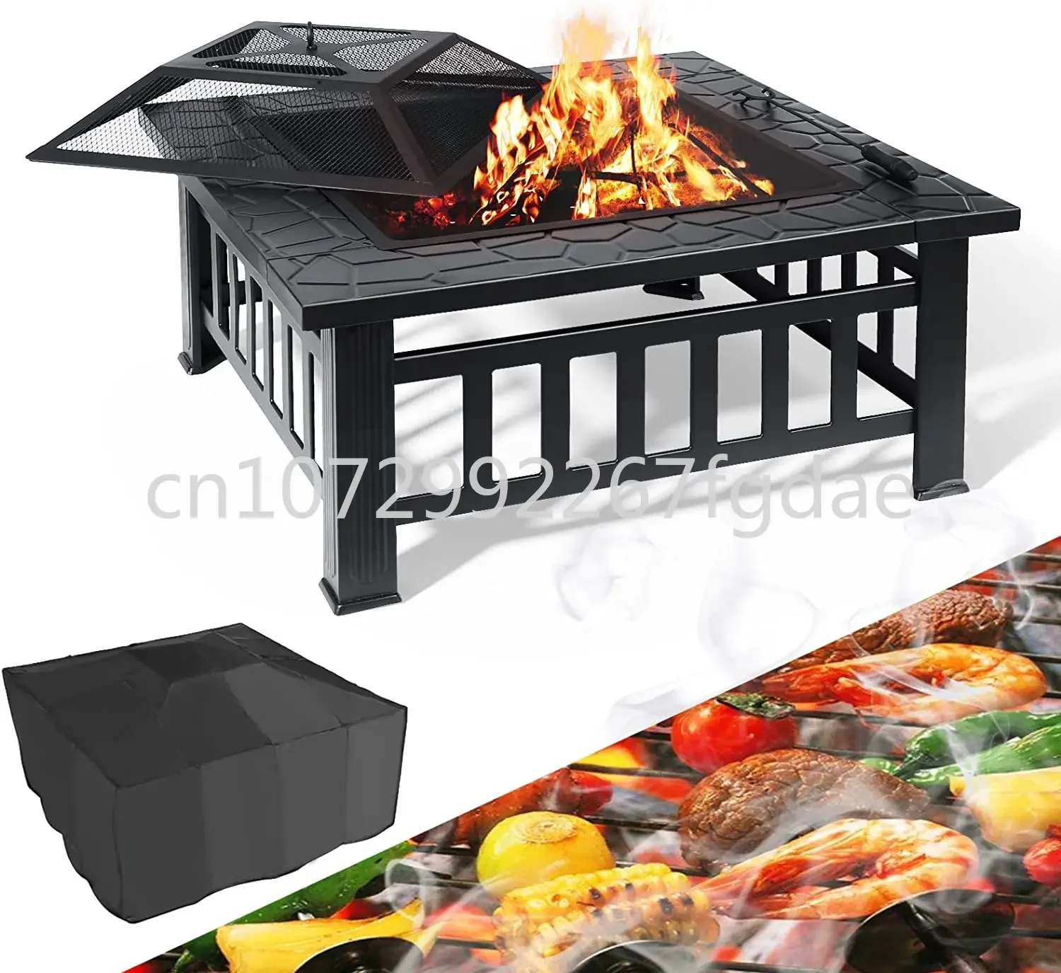 Three in One Square Barbecue Fire Pit with Cooking Mesh Countertop Heavy-duty Courtyard Fire Pit Outdoor GardenBackyard Fire Pit