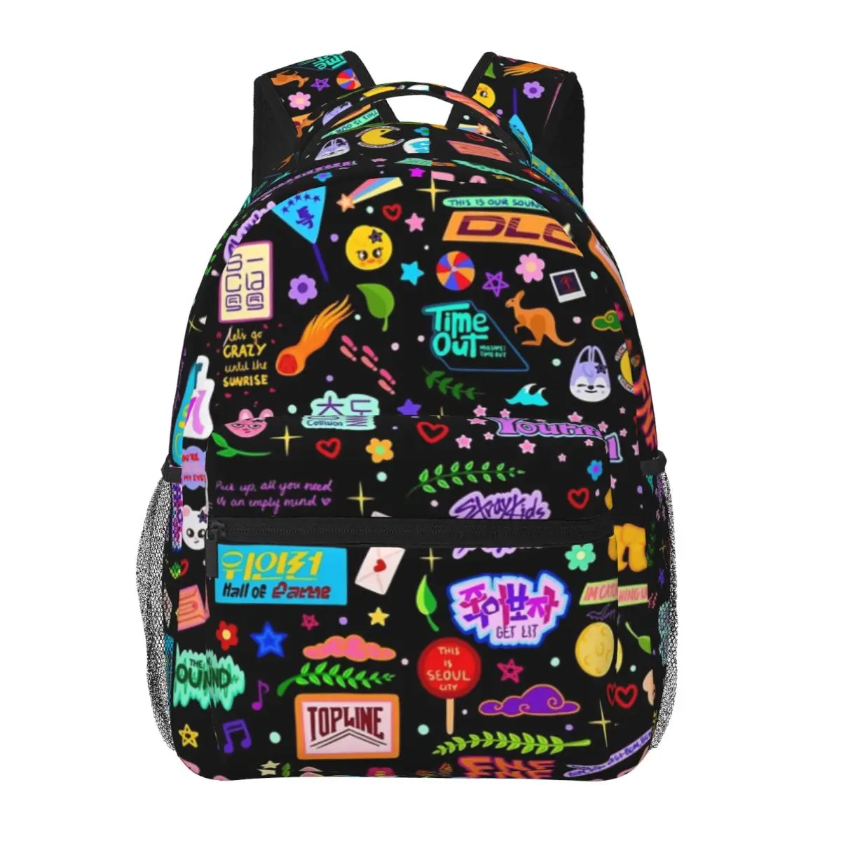 Mochila escolar ligera con estampado de garabatos de 5 estrellas, nueva mochila con patrón de moda, color negro