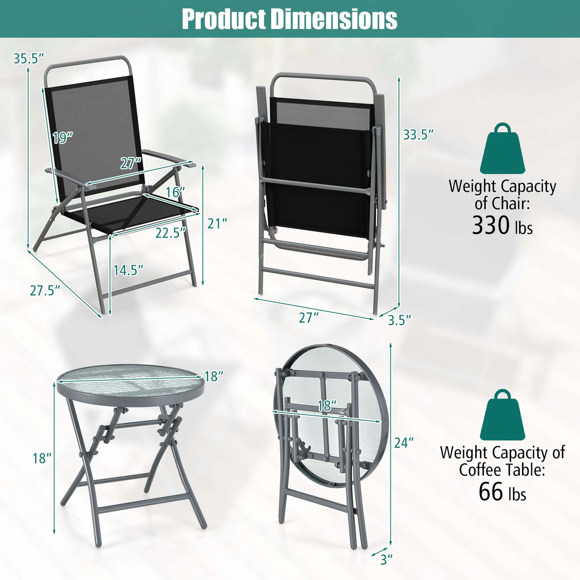 Juego de mesa plegable para Patio, asiento Extra grande, marco de Metal, portátil, para exteriores, 3 piezas