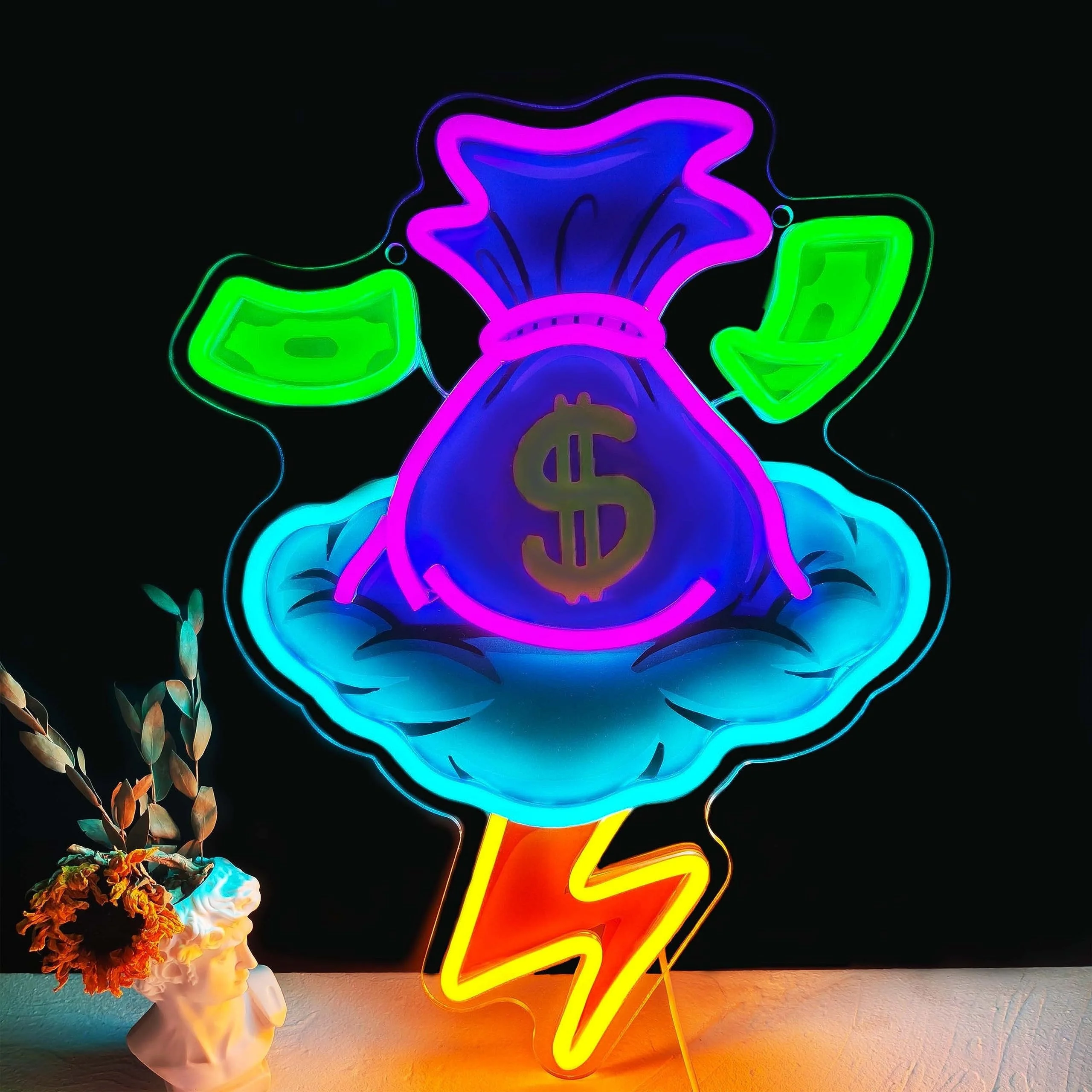 Money Bag LED Neon Sign Dollar Coin Lightning USB Powered Night Light Wealth Luck Business Shop Wall Art Decoration