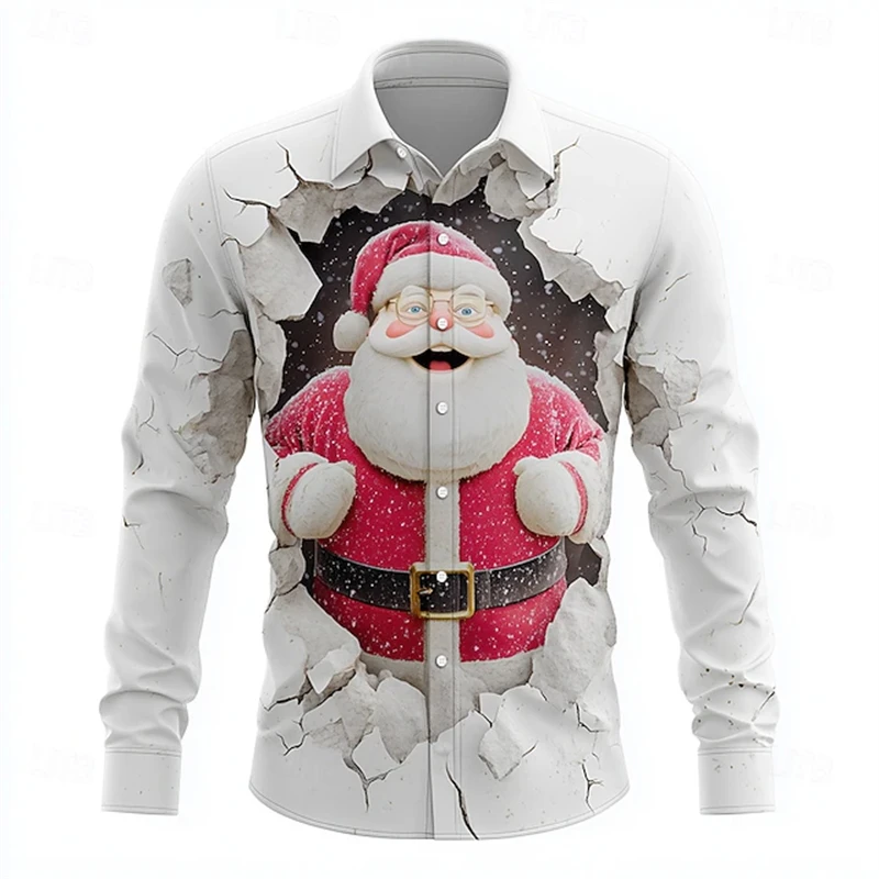 قميص عيد الميلاد للرجال قميص سانتا كلوز بأزرار سفلية وأكمام طويلة، قميص أبيض مطبوع ثلاثي الأبعاد وياقة على طراز العطلة #3