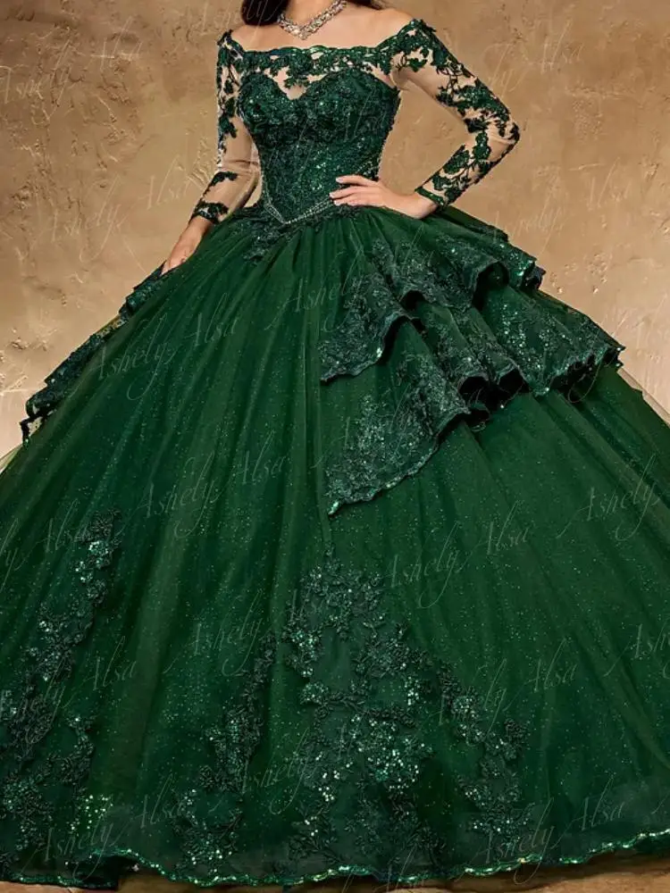 Custom Made Emerald Green Long Sleeve Prom Dress 2025 Lace Applique Bow Vestido De xv Anos Sweet 15 16 Quinceanera Party Dress 5