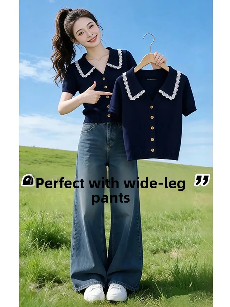 

Korean Style Lace Collar Knitted Short Sleeve T-Shirt Women Summer Casual Base Shirt Spicy Girl Leisure Short Top