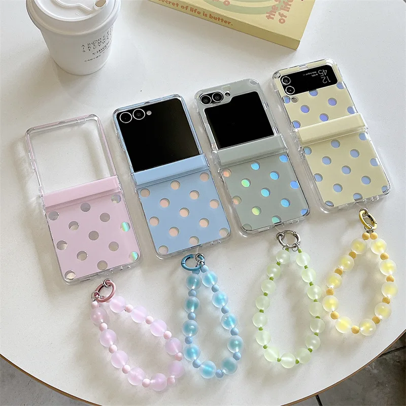 INS Candy Colors Polka Dots Laser With Bracelet Phone Case For Samsung Galaxy Z Flip 4 5 6 7 Shockproof Protective Hard Cover