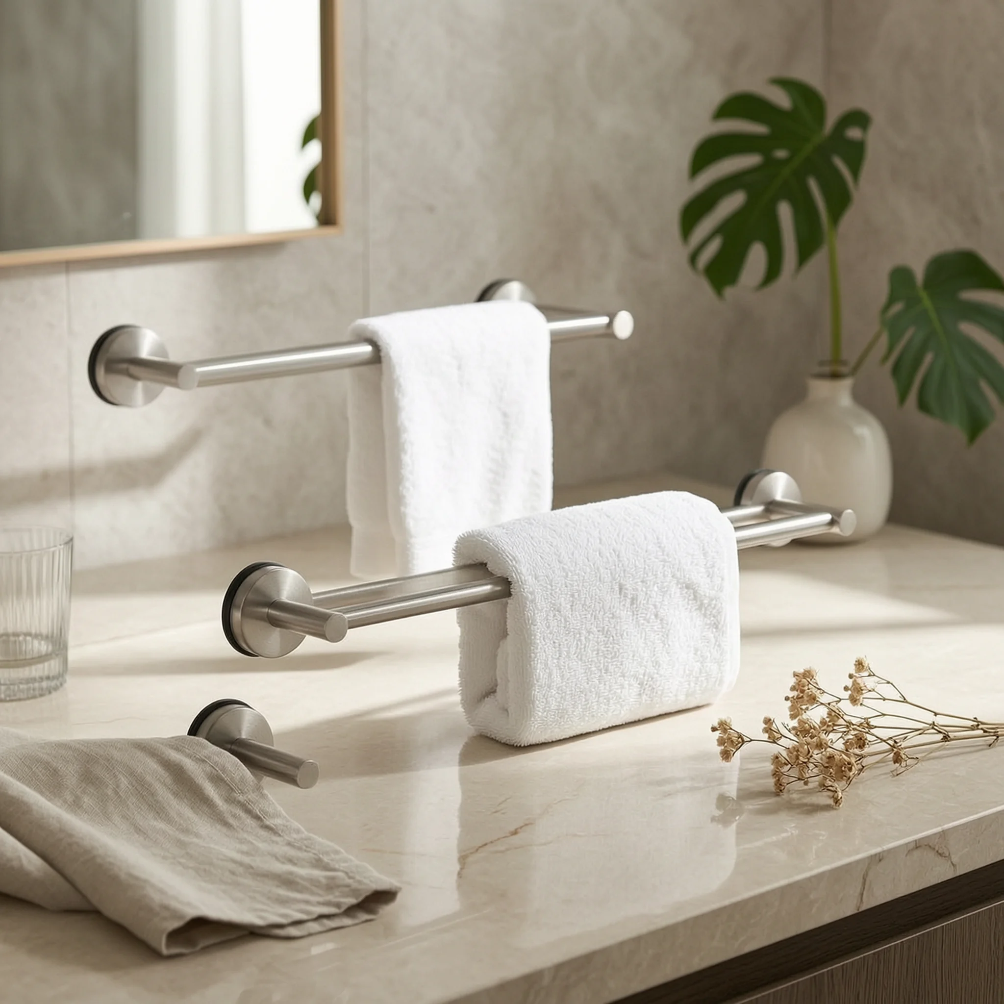 5 Pieces Suction Cup Organizer Rustproof Towel Bar with Suction Cups Bathroom Hardware Set Retractable for Renters, Kitchen