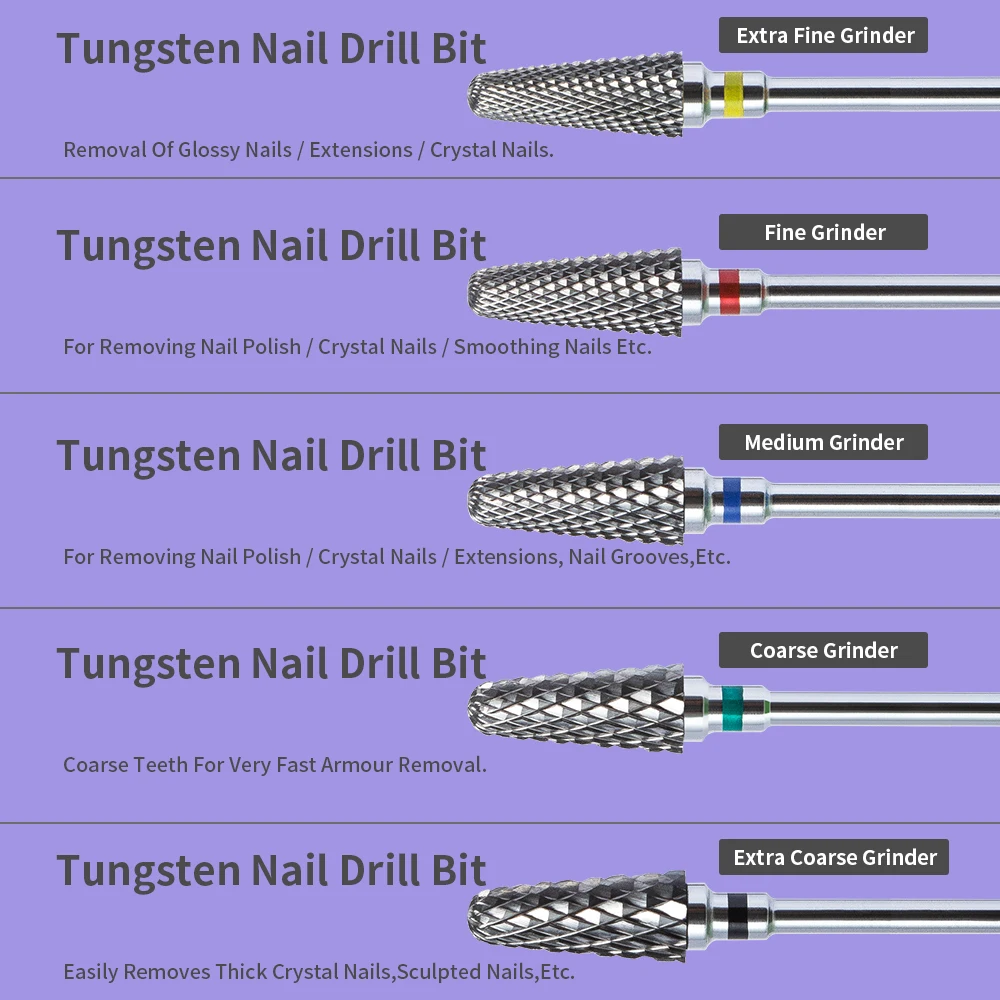 Tungsten Carbide Nail Drill Bits Gel Polish Remover Tools 3/32 Inch Nail Art Files Cuticle Milling Cutter For Manicure Pedicure