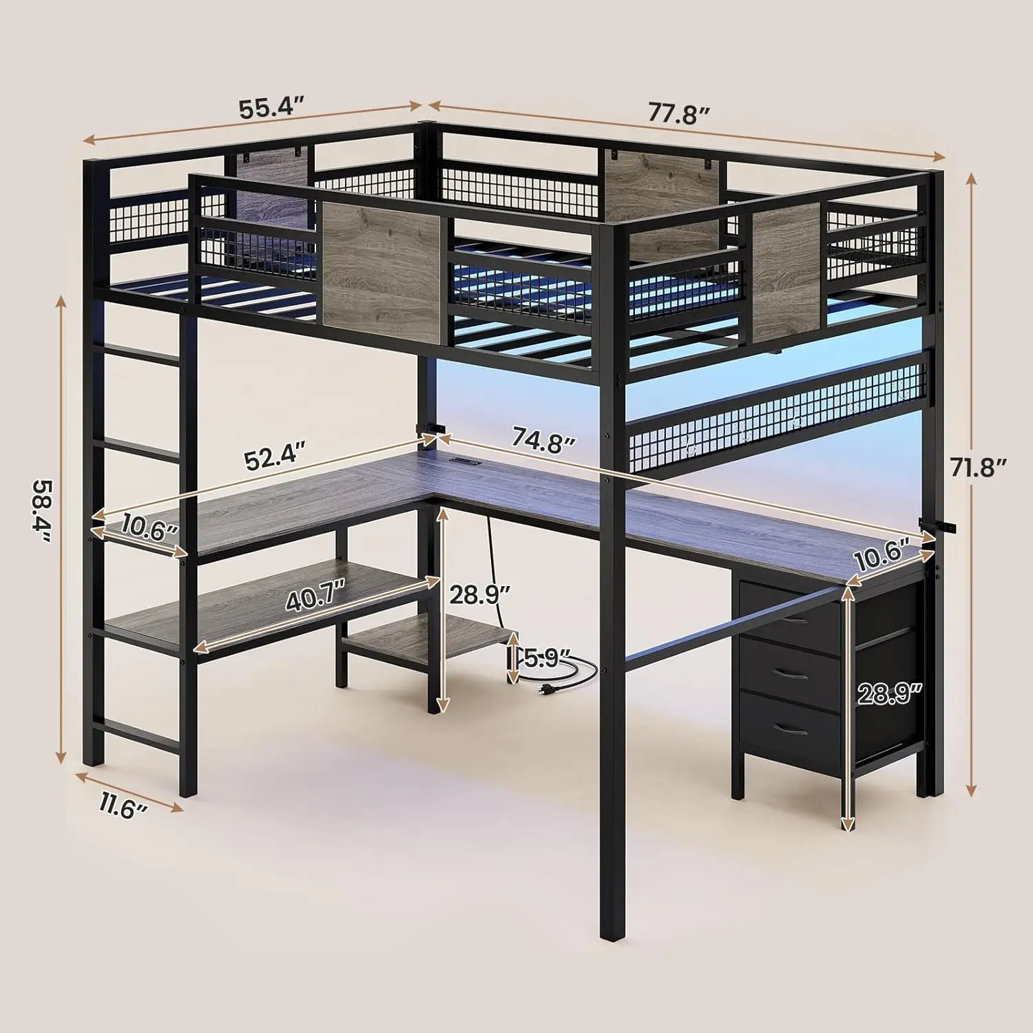 „Vollformatiges Hochbett aus Metall mit L-förmigem Schreibtisch, Schubladen, LED-Beleuchtung und Ladestation“
