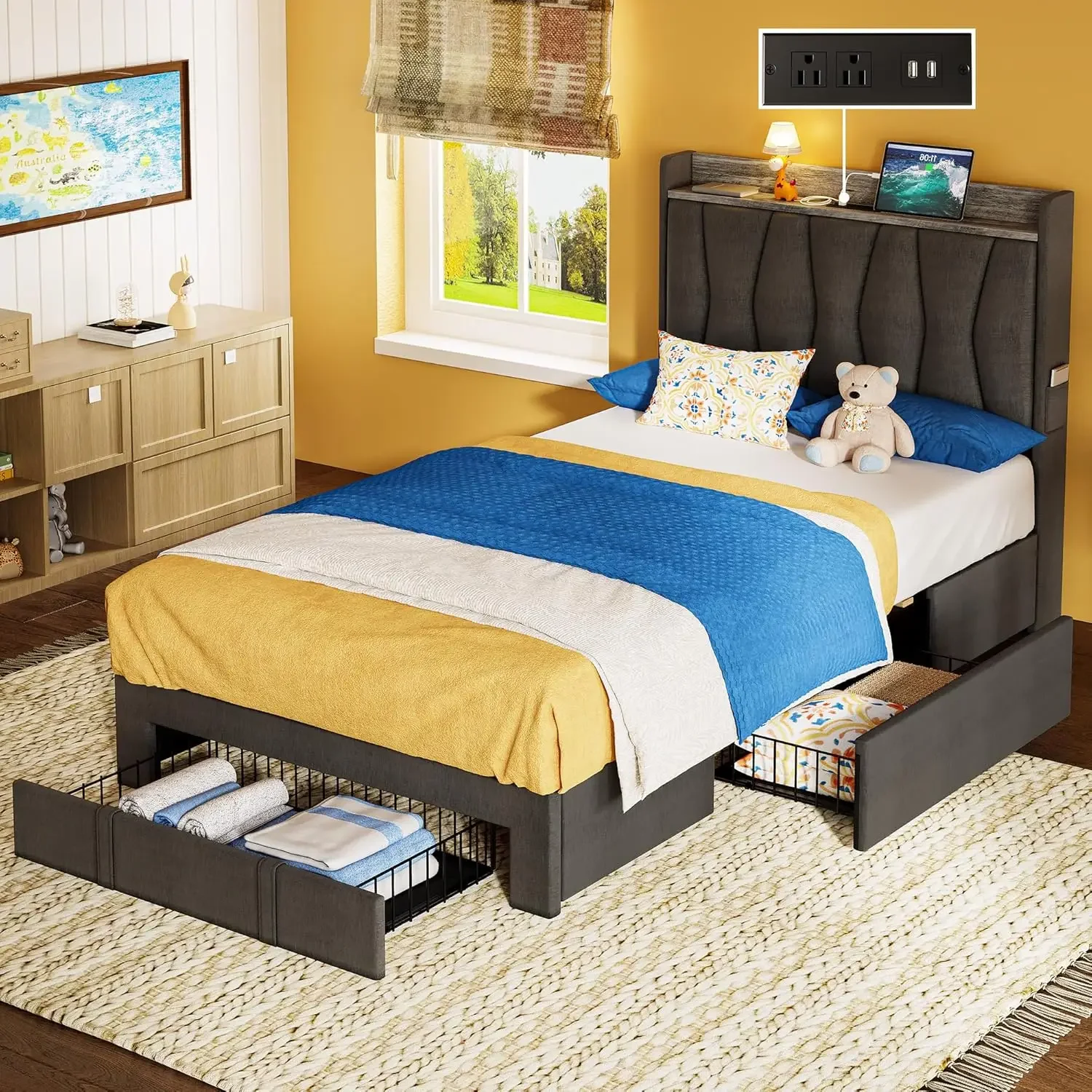 

Twin Bed Frame with 3 Drawers, Upholstered Platform Bed with Storage Headboard and Charging Station, No Box Spring Needed