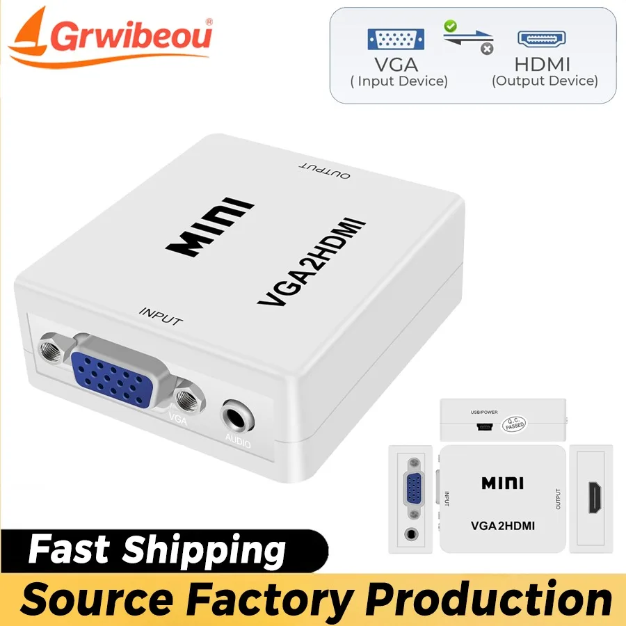 Grwibeou Mini VGA To HDMI-compatible Video Converter Audio Adapter 1080P for Notebook PC HDTV Projector TV with USB Power Cable