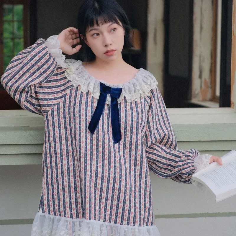 

Женский теплый стеганый пижамный комплект, милый трехслойный хлопковый пижамный комплект в полоску в стиле ретро с кружевным воротником с рюшами на осень-зиму