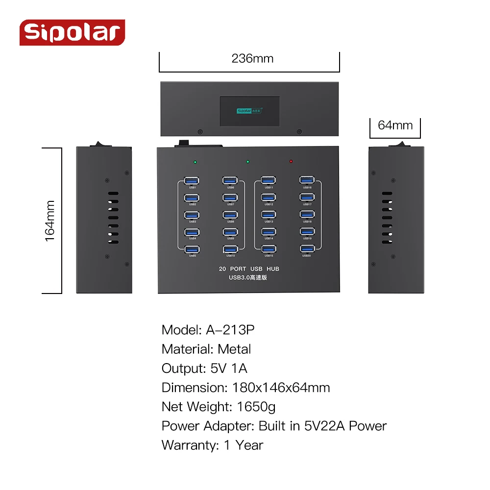 Sipolar A-213P 20 PORTS USB 3.0 HUB USB charger with  Power supply for mobile phone refurbish charging and recycle view 6
