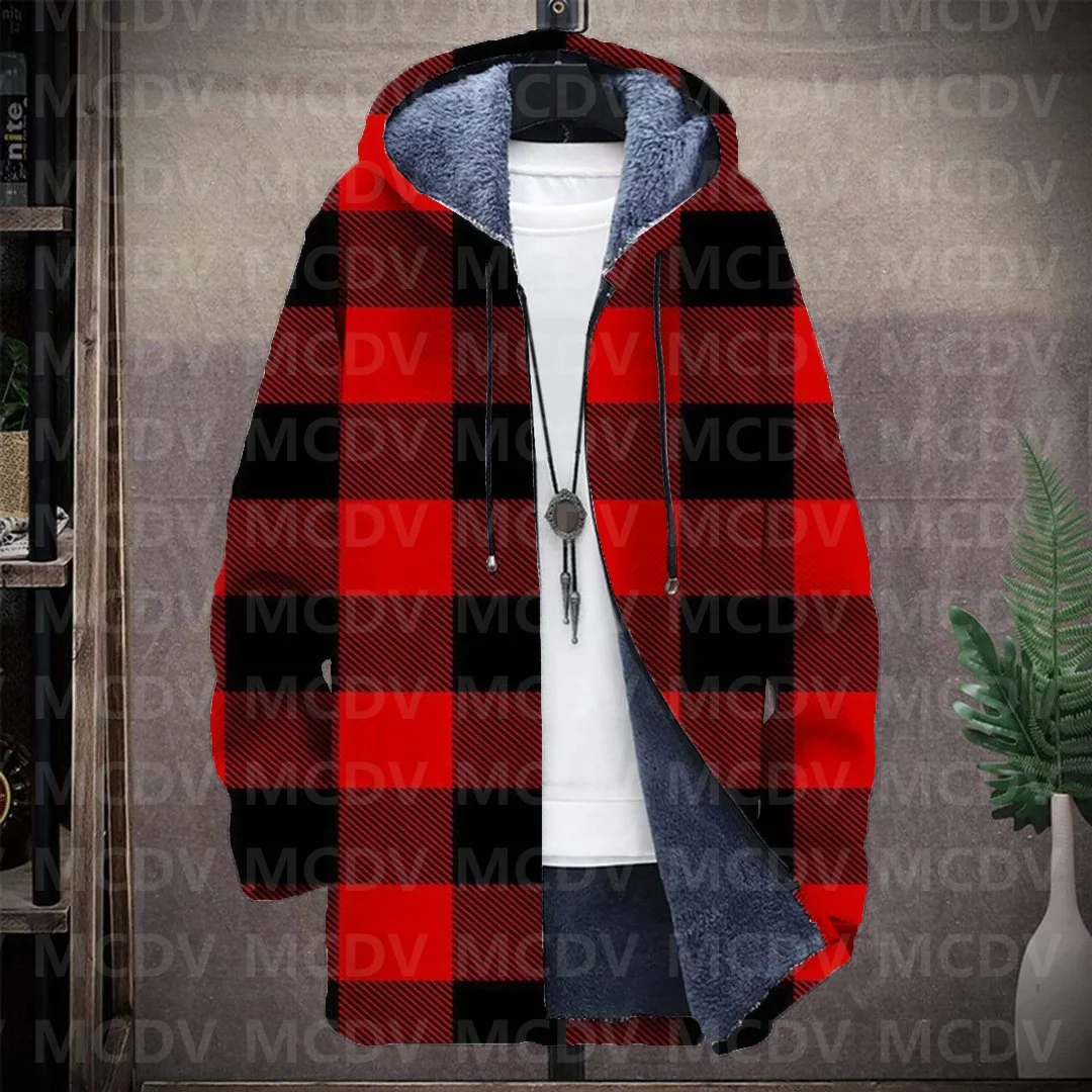 

Men's Retro Print Plush Thick Long-Sleeved Coat Cardigan Christmas Grid Art 3D Prined Fleece Overcoat Unisex Thick Warm Jacket