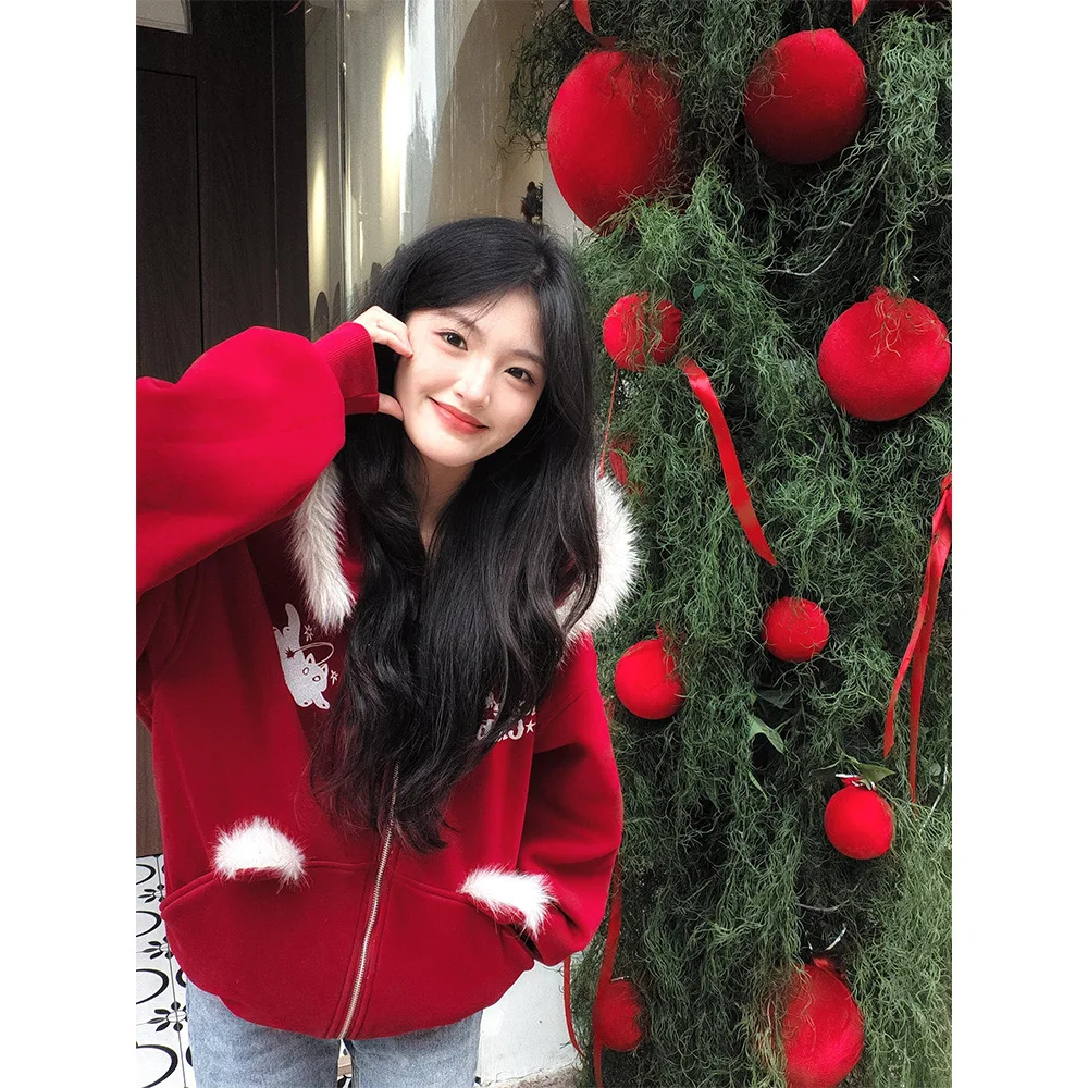 Cisas Aosphere Lazy Sle Printed Sweatirt Women's Slimming Warm Loose Long Hoodie Korean Version Couples Wear