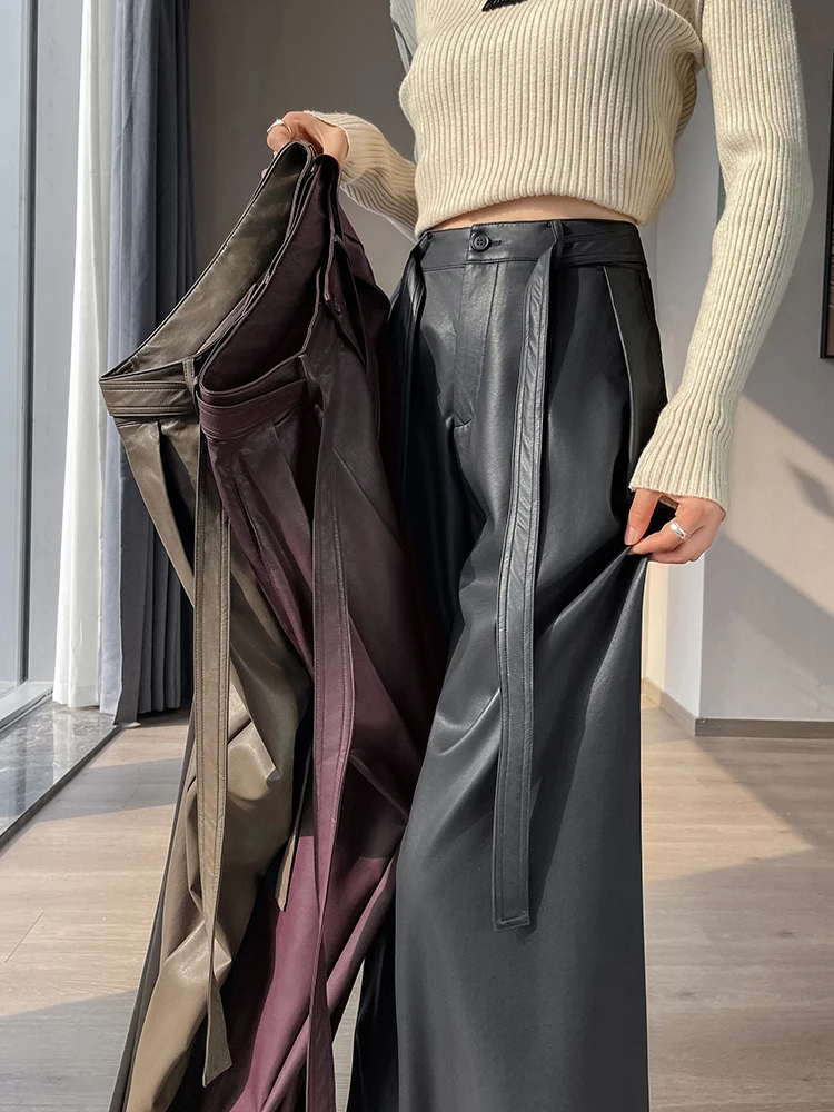 Korean Fashion Women High Waist Wide Leg PU Leather Palazzo Pants Culottes Black Pants Pocket Trousers Female 2025 New Outfits
