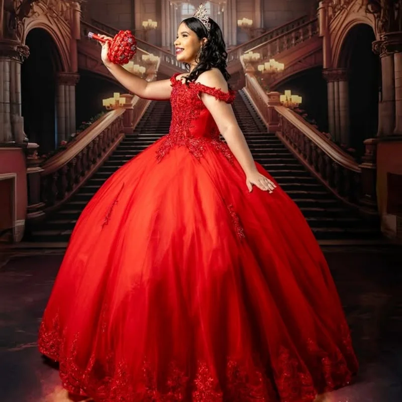 

Customized Red Quinceanera Dresses Off the Shoulder Lace applique Tull Long tail Vestido 15 Quinceanera