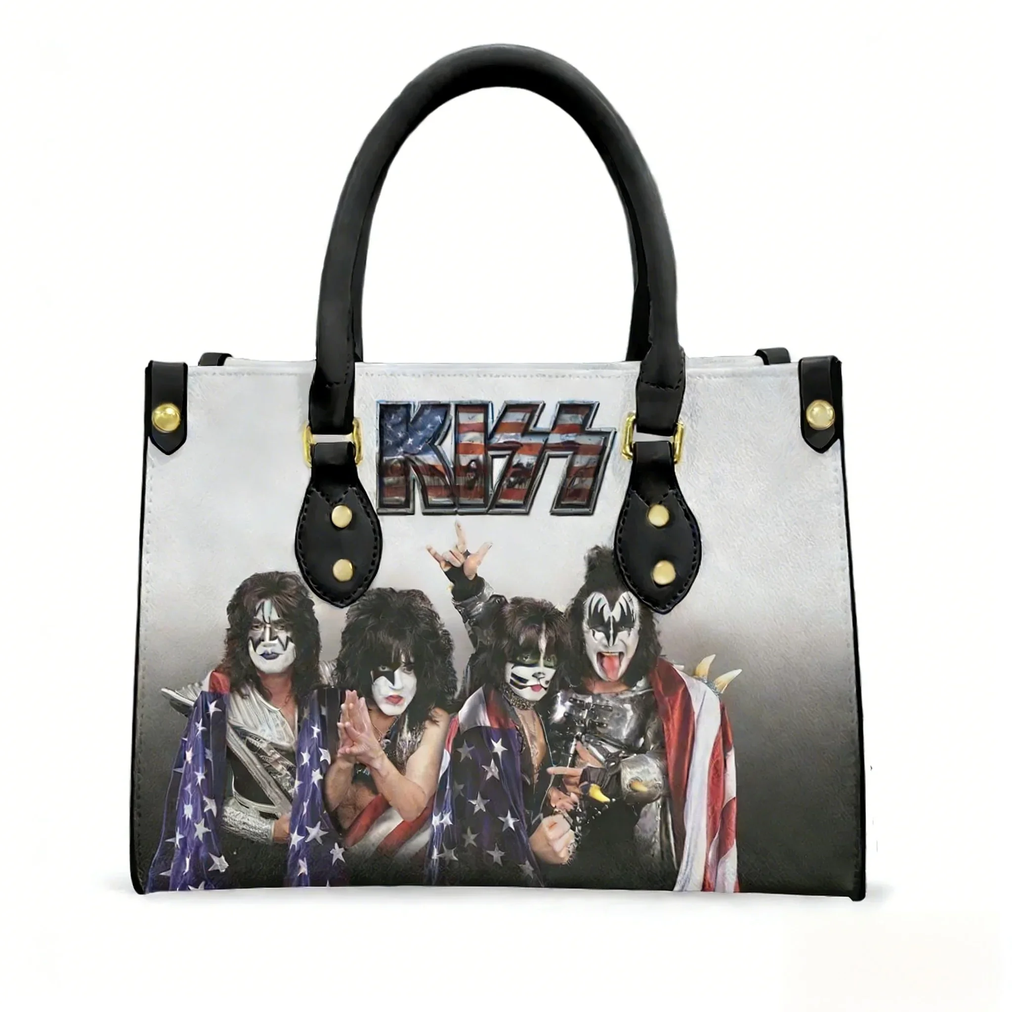 

Kiss Rock Band Tote Bag Purse Retro Street Womens Mens Personalized Text Image PU Leather Handbag Business Shopping Gift Bags