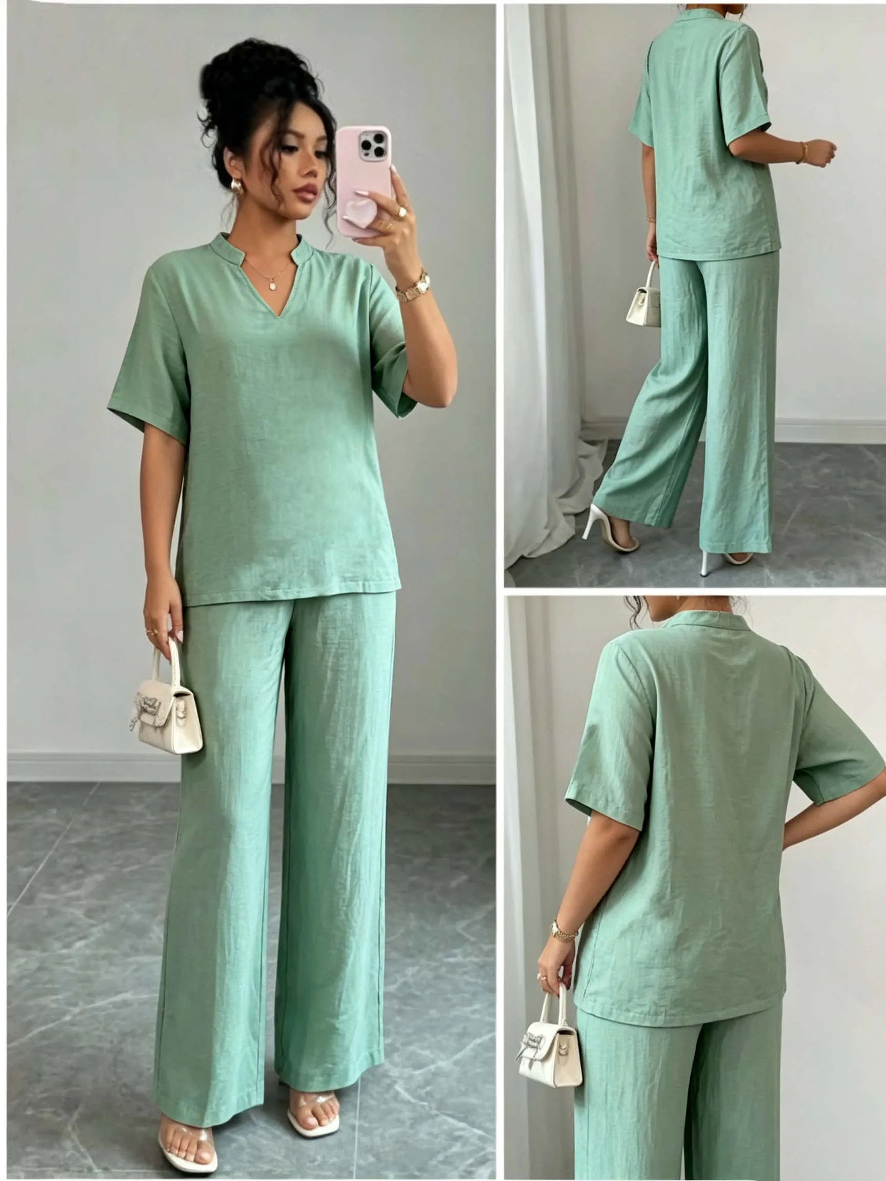 Women Solid Textured 2‑Piece Outfit, Notched Collar Elbow Sleeve Top & Elastic Waist Wide Leg Long Pants