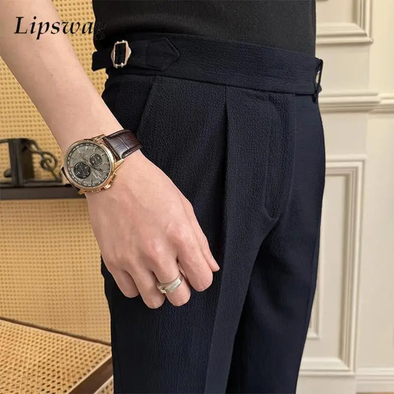 Italian Naples Trousers Men Vintage Solid Color Slim Straight Trousers Autumn Mens Trendy Belt High-waisted Design Suit Trousers