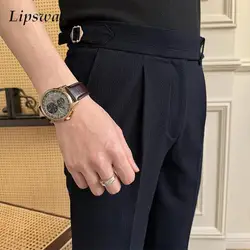 Italian Naples Trousers Men Vintage Solid Color Slim Straight Trousers Autumn Mens Trendy Belt High-waisted Design Suit Trousers