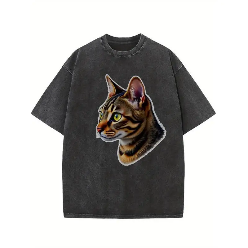 

Bengal Cat Print T-shirt Women Men Vintage Washed Oversized Tee Animal Graphic Top Harajuku Streetwear Y2K Aesthetic Trendy Gift