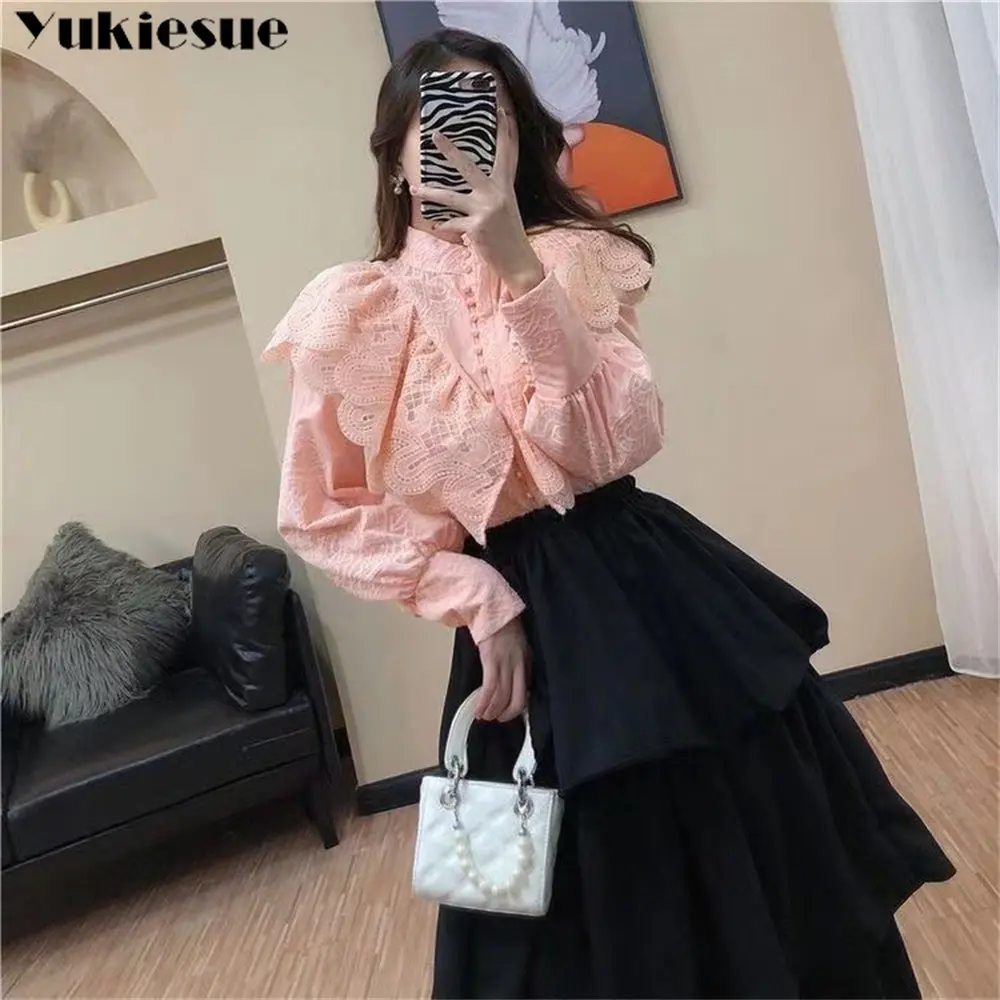 2022 Office shirts & blouses Sweet Ruffles Lace Blouse Women\'s Stand Collar Lantern Sleeve Elegant Vintage blusas Women top